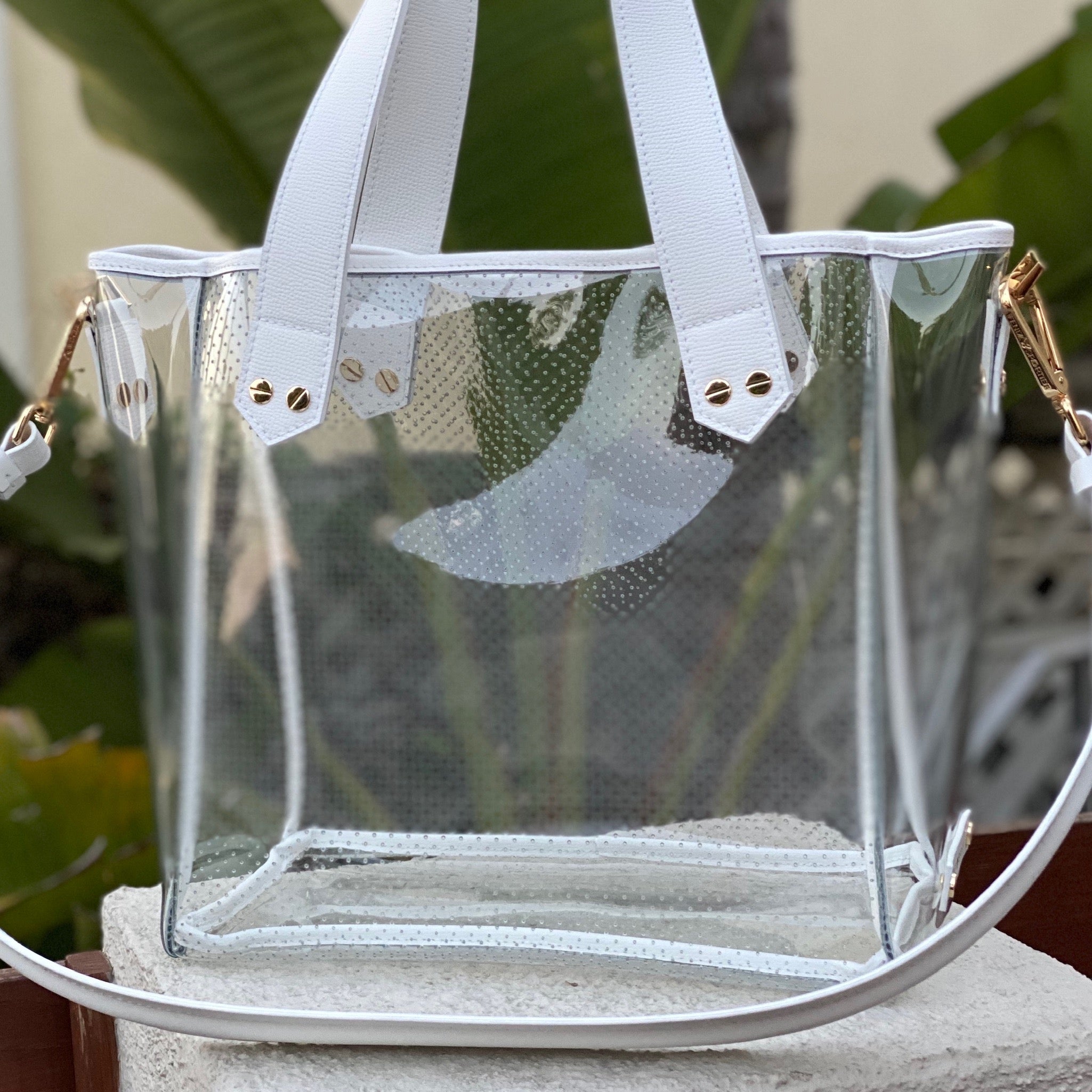 Gameday Bag - White Leather / Clear PVC / Gold Hardware