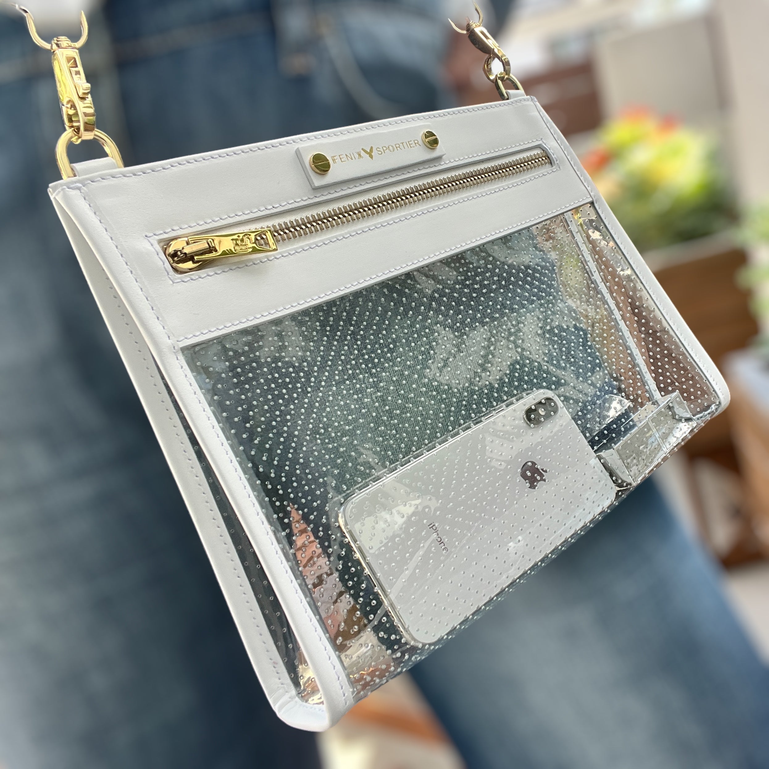 Front Row Bag - White Leather / Clear PVC / Gold Hardware
