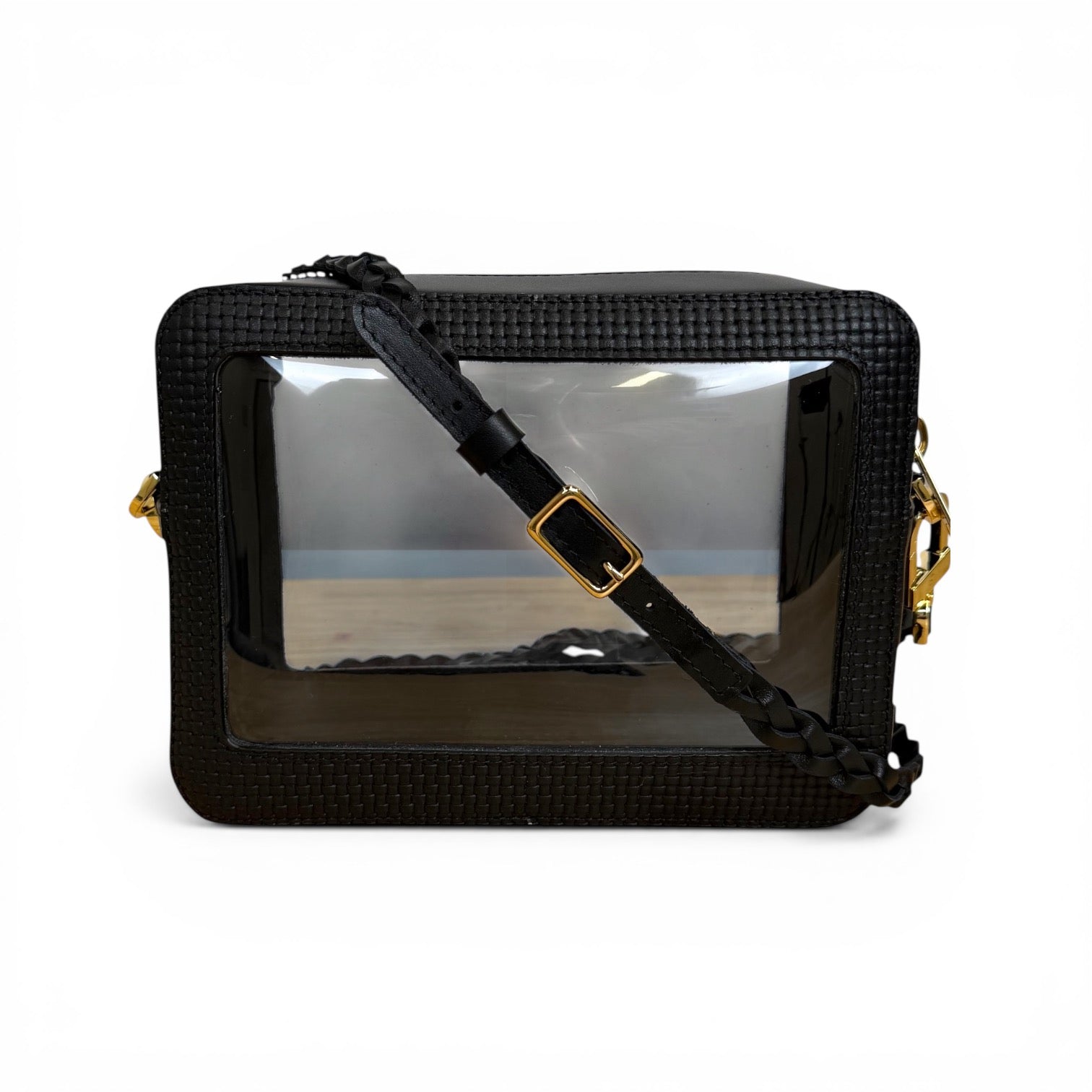 Saturday Bag - Black Basketweave Leather / Clear PVC/ Gold Hardware