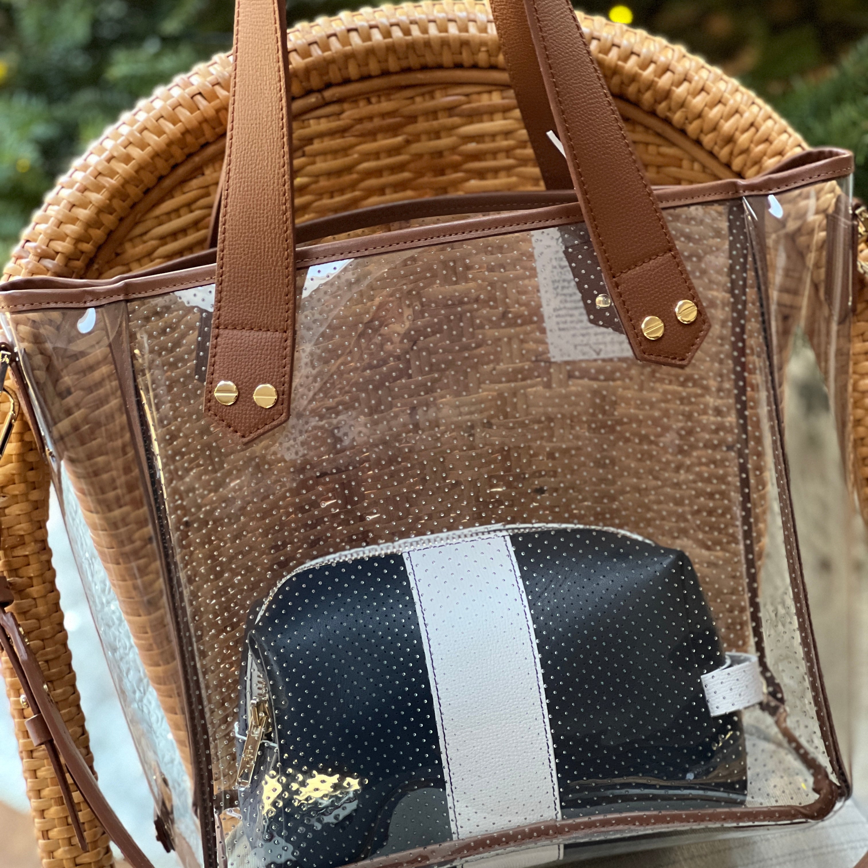 Gameday Bag - Tan Leather / Clear PVC / Gold Hardware