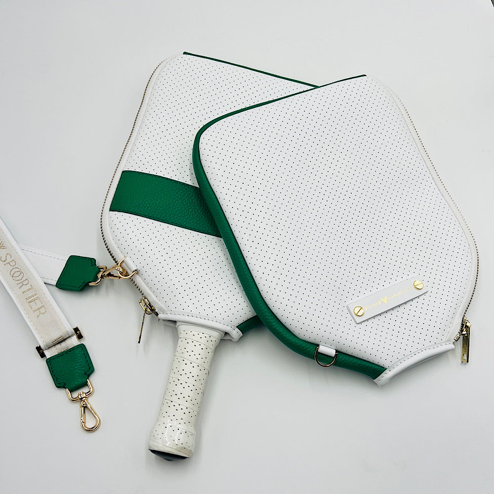 “The Addict” Leather Pickleball Bag - White w/Green