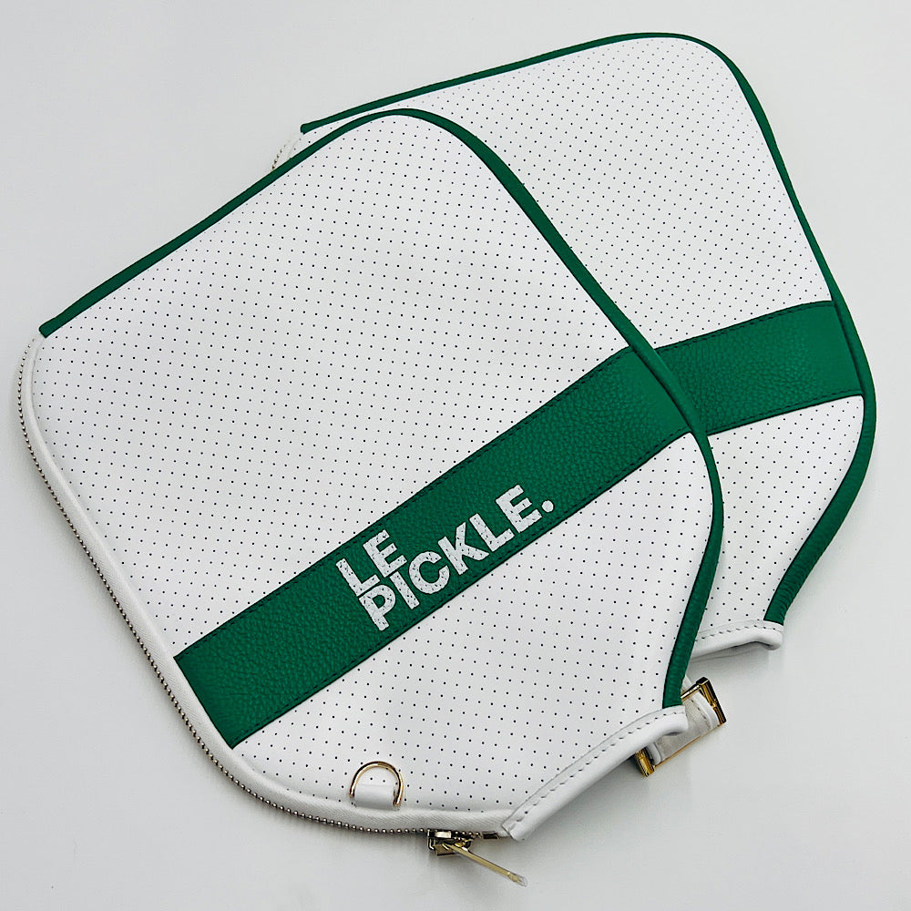 “The Addict” Leather Pickleball Bag - White w/Green