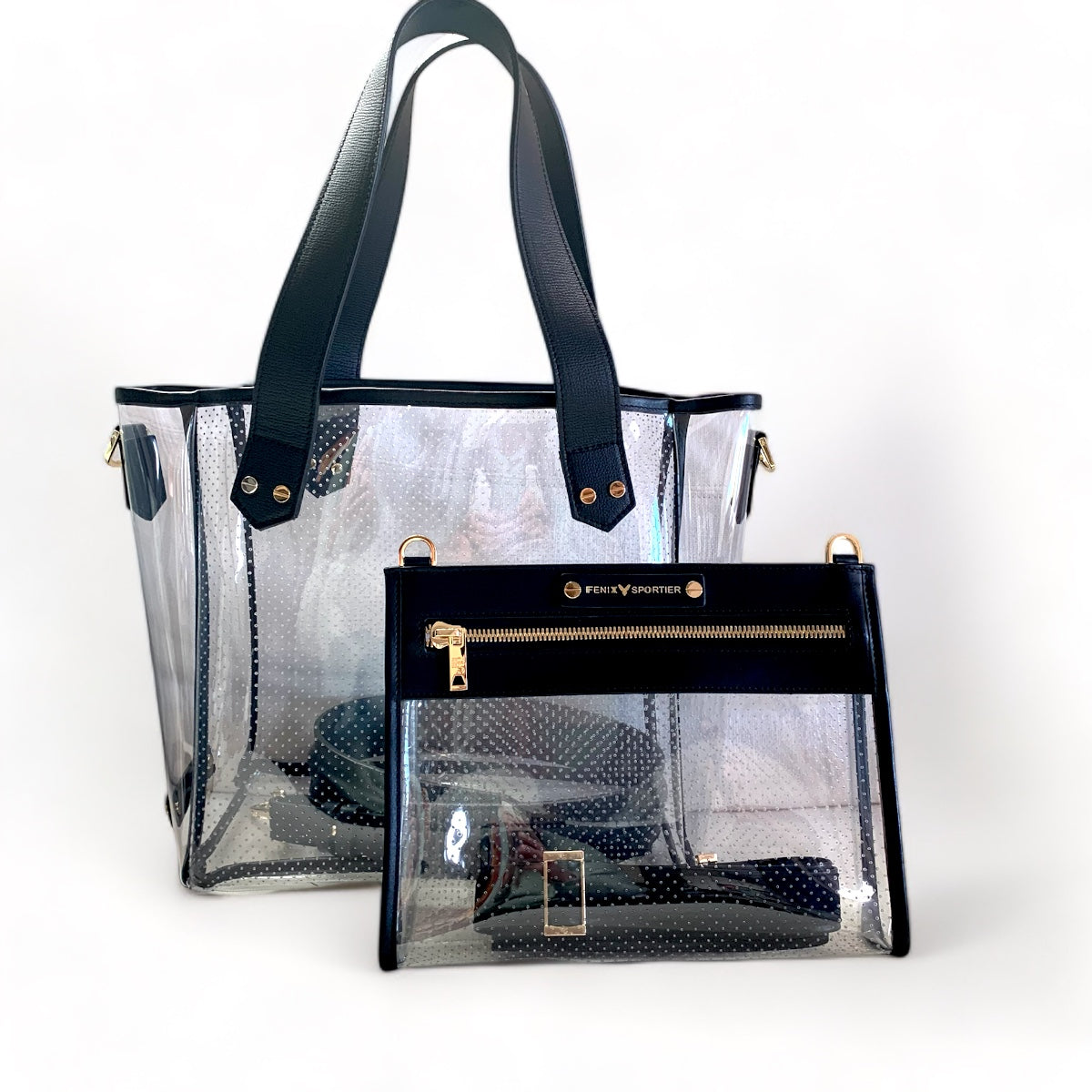 Gameday Bag - Black Leather / Gold Hardware / Clear PVC