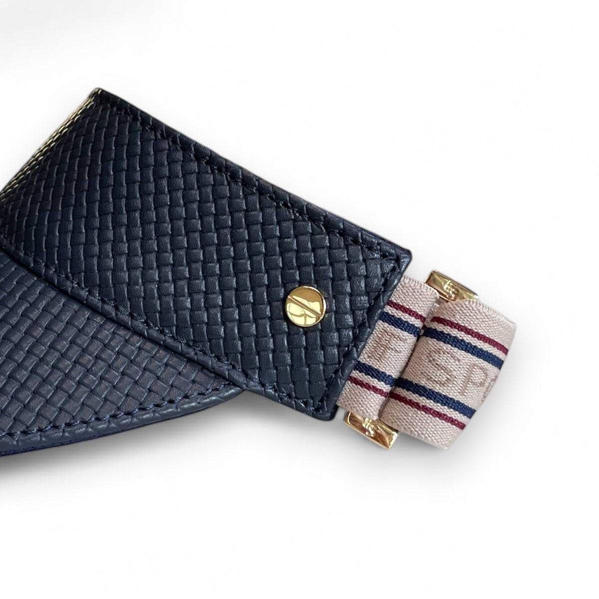 The Leather Visor - Navy Basketweave, Varsity Striped Elastic & Gold