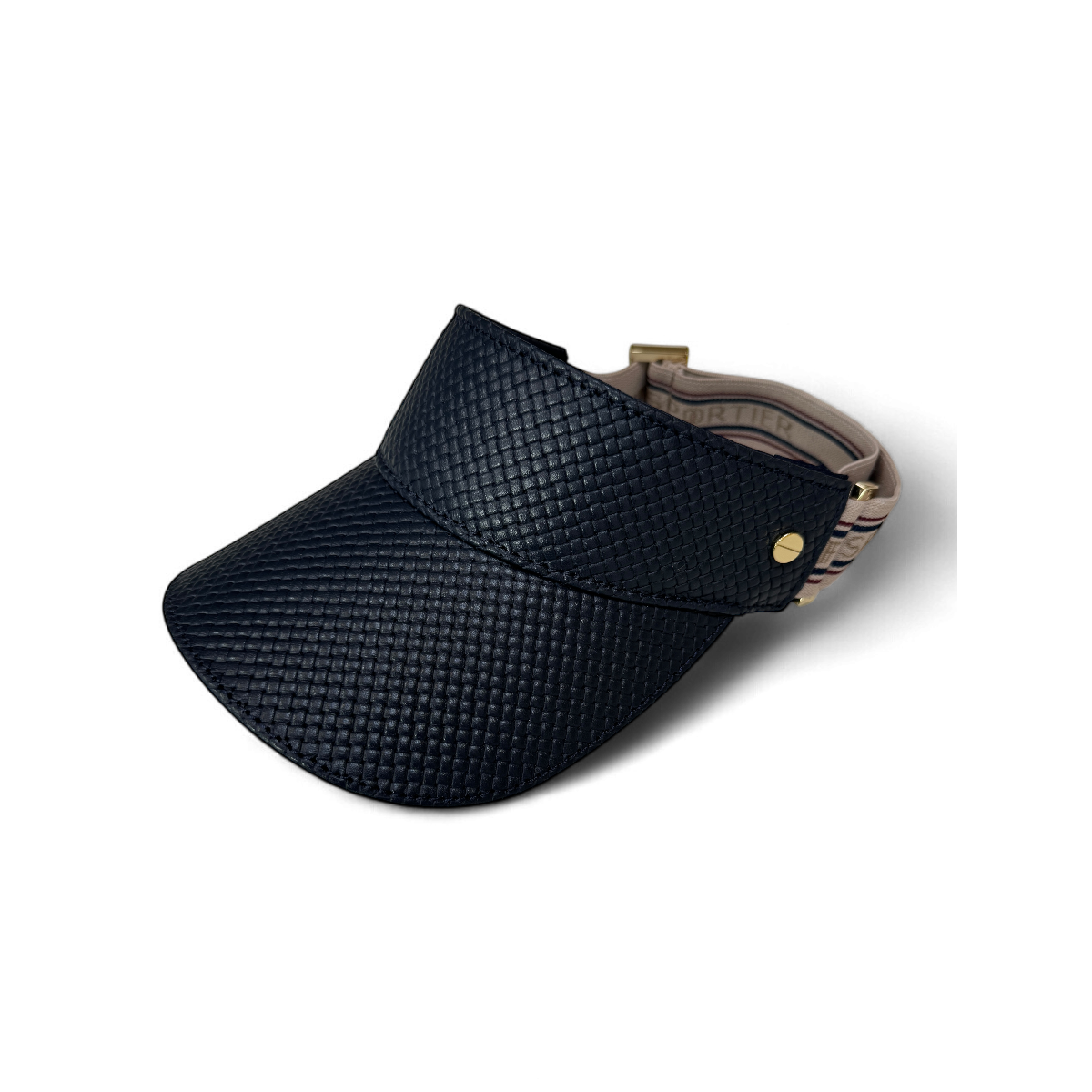 The Leather Visor - Navy Basketweave, Varsity Striped Elastic & Gold
