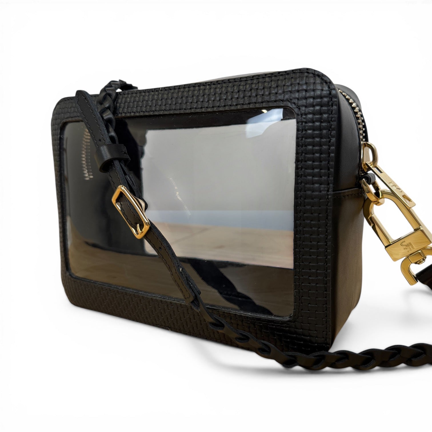 Saturday Bag - Black Basketweave Leather / Clear PVC/ Gold Hardware