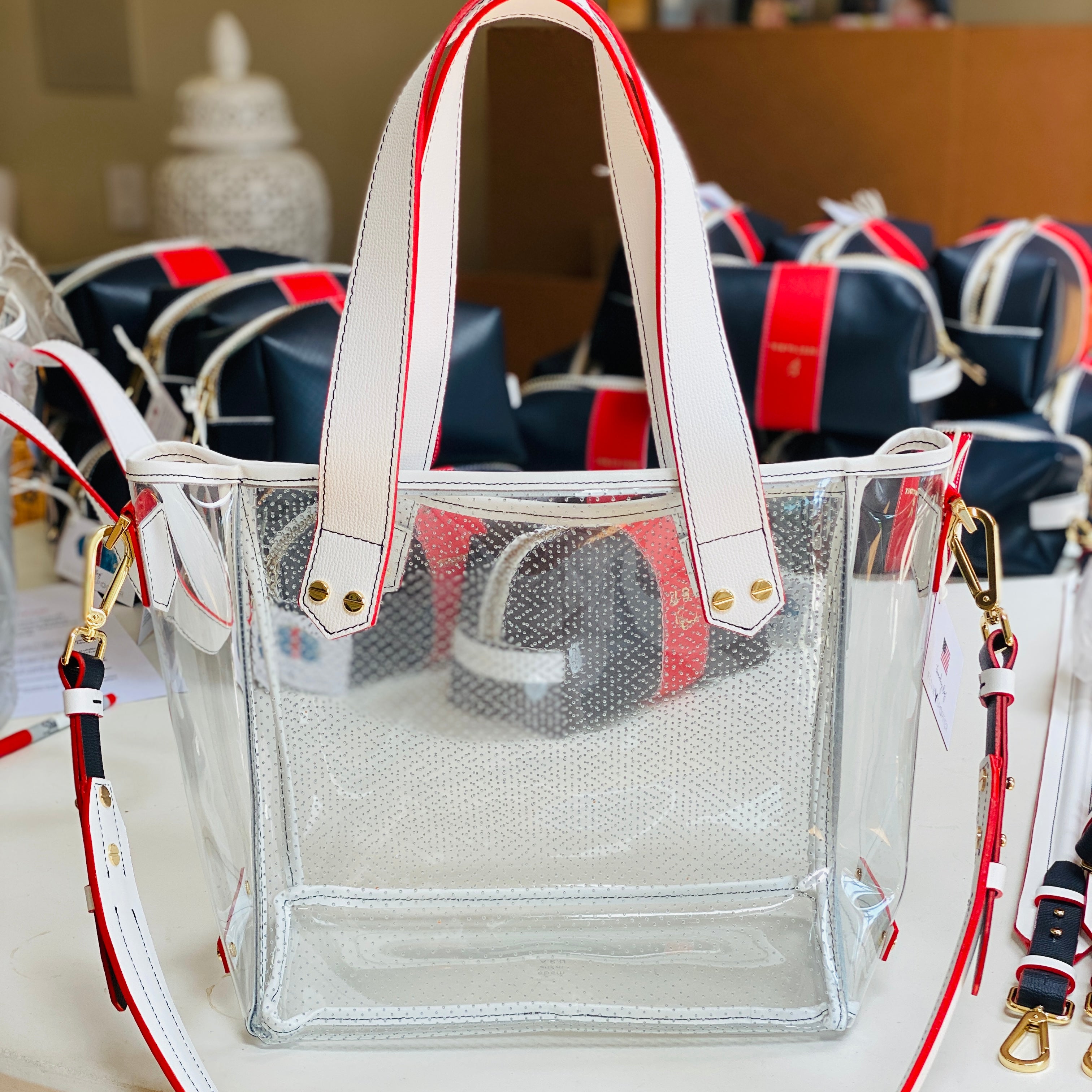 Gameday Bag White Navy Red Leather / Clear pvc
